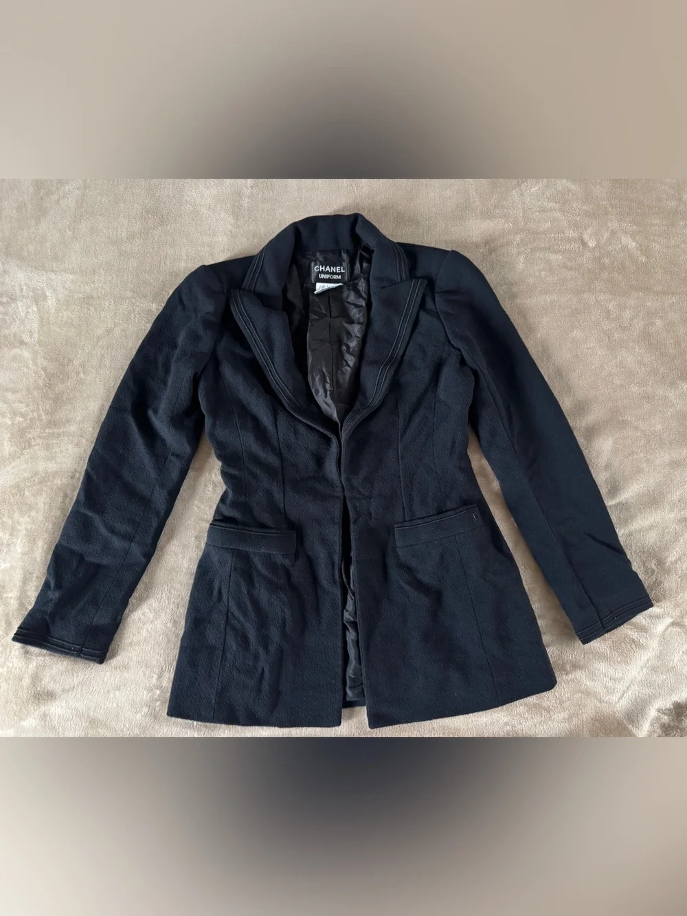 CHANEL Uniform Black Wool Blend Blazer Jacket France CC Logo Size 36 US 4